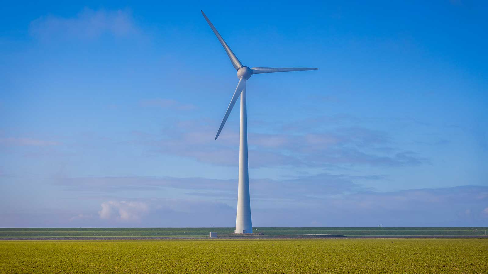 A tall white wind turbine stands against a clear blue sky, surrounded by green fields.